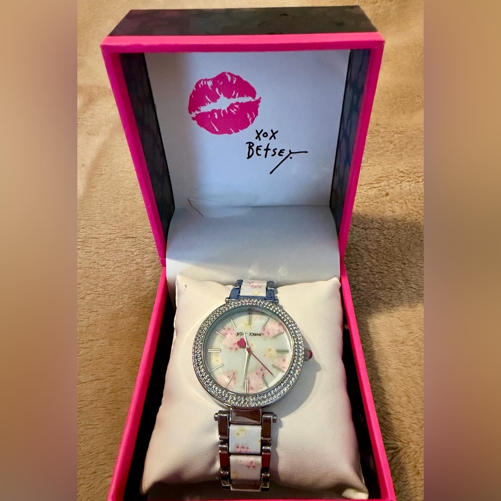 NWOT Betsey Johnson Blue and Pink Floral and Silver Floral Watch
